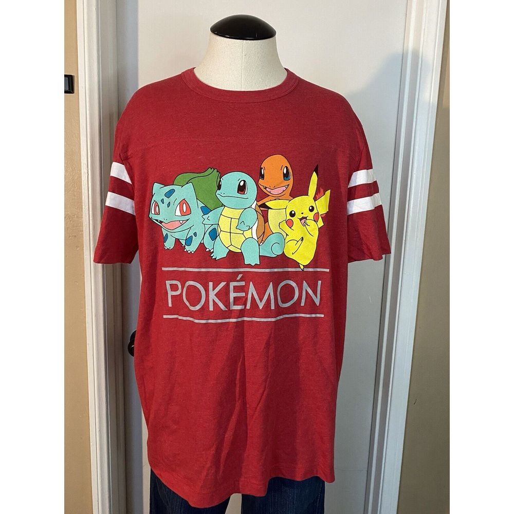 Pokemon Pikachu Charmander Mens L Red & White Striped Powerball T‎ Shirt